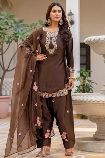 Coffee satin heavy thread embroidery sequins work kurta patiala pant set