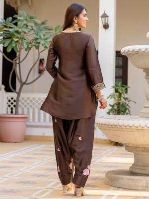 Coffee satin heavy thread embroidery sequins work kurta patiala pant set 3