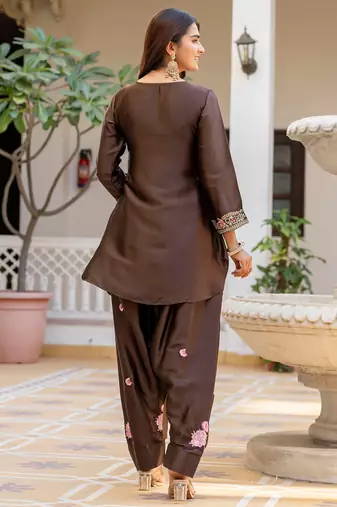 Coffee satin heavy thread embroidery sequins work kurta patiala pant set