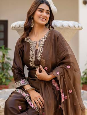 Coffee satin heavy thread embroidery sequins work kurta patiala pant set 4