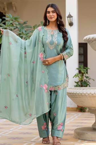 Pista satin heavy thread embroidery sequins work kurta patiala pant set
