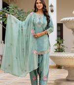 Pista satin heavy thread embroidery sequins work kurta patiala pant set