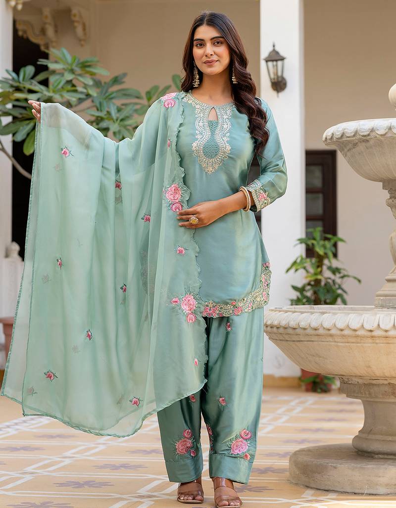 Pista satin heavy thread embroidery sequins work kurta patiala pant set