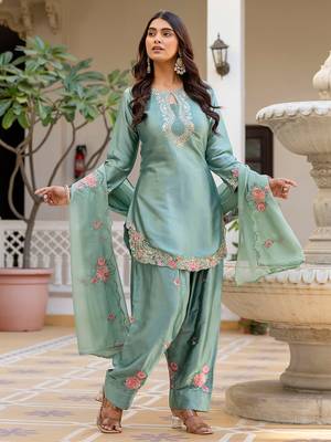 Pista satin heavy thread embroidery sequins work kurta patiala pant set 2