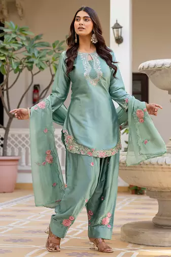 Pista satin heavy thread embroidery sequins work kurta patiala pant set