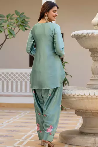 Pista satin heavy thread embroidery sequins work kurta patiala pant set