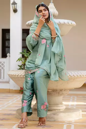 Pista satin heavy thread embroidery sequins work kurta patiala pant set