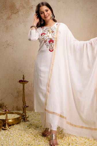 White roman heavy thread embroidery work kurta pant set