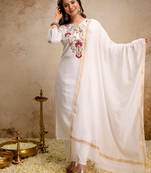 White roman heavy thread embroidery work kurta pant set