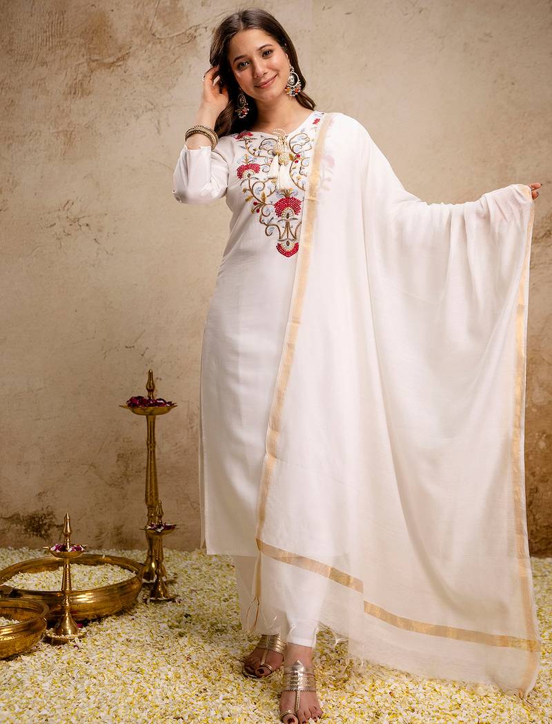 White roman heavy thread embroidery work kurta pant set