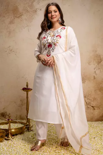 White roman heavy thread embroidery work kurta pant set