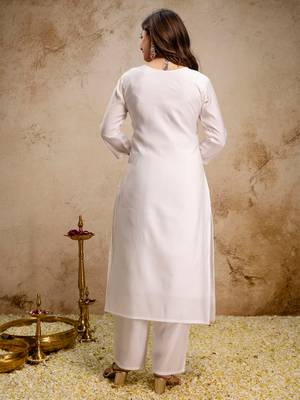 White roman heavy thread embroidery work kurta pant set 3
