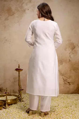 White roman heavy thread embroidery work kurta pant set