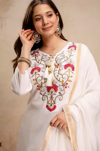 White roman heavy thread embroidery work kurta pant set