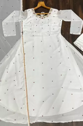 WHITE FUX BLOOMING MULTI WORK PARTY WEAR SUIT SET 