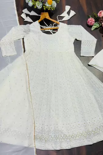 white faux blooming party wear embroidery  suit set