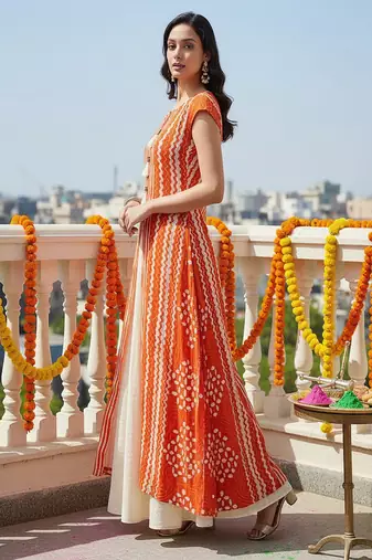 Printed rayon blend stitched flared/a-line gown (orange)