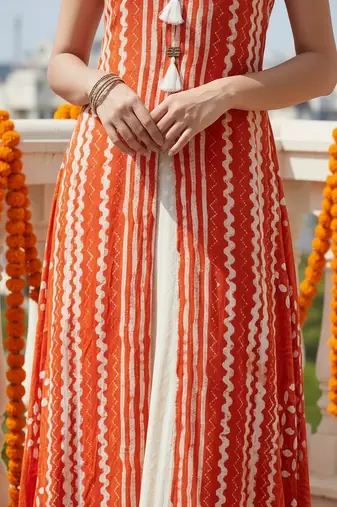 Printed rayon blend stitched flared/a-line gown (orange)