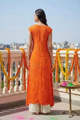 Printed rayon blend stitched flared/a-line gown (orange)