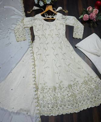 Cream chinon silk  party wear embroidery anarkali  suit set 5