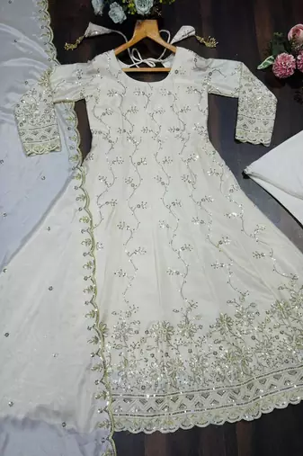 Cream chinon silk  party wear embroidery anarkali  suit set
