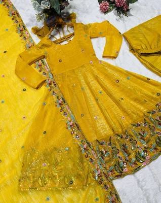 Yellow crunshy silk party wear embroidery sharara    suit set 7