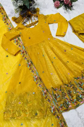 Yellow crunshy silk party wear embroidery sharara    suit set
