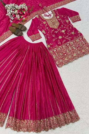designer pink chinon silk sharara suit