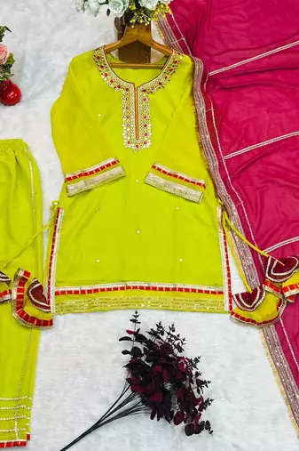 Parrot  chinon silk party wear embroidery sharara    suit set