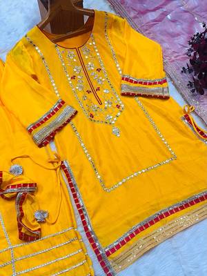 Yellow chinon silk party wear embroidery sharara    suit set 5