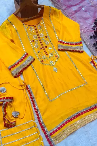 Yellow chinon silk party wear embroidery sharara    suit set