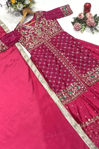 PINK CHINON  SILK PARTY WEAR EMBROIDERY CROP TOP  WITH BLOUSE LEHENGA CHOLI