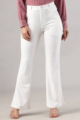 Women solid white regular fit mid-rise flat front trousers