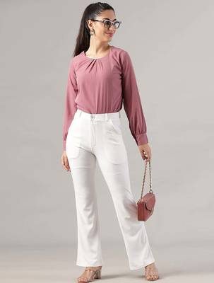 Women solid white regular fit mid-rise flat front trousers 2