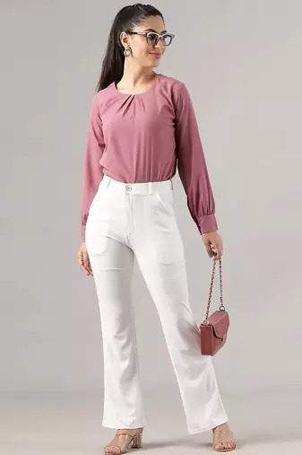 Women solid white regular fit mid-rise flat front trousers