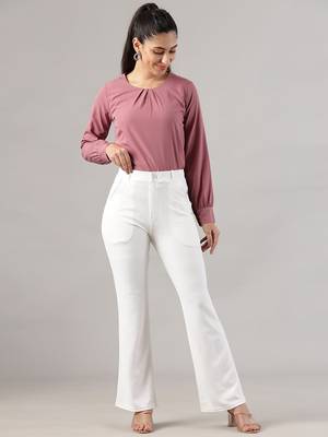 Women solid white regular fit mid-rise flat front trousers 3