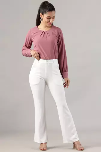 Women solid white regular fit mid-rise flat front trousers