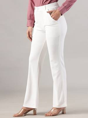 Women solid white regular fit mid-rise flat front trousers 4