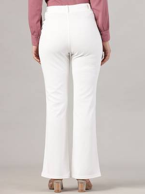 Women solid white regular fit mid-rise flat front trousers 5