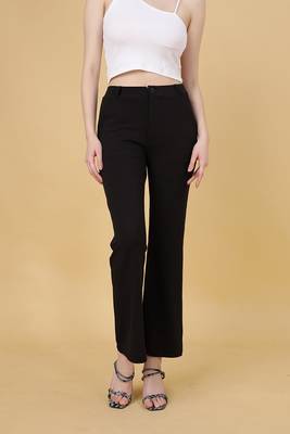 Women solid black regular fit mid-rise flat front trousers 1