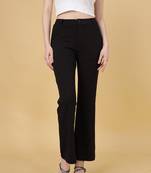 Women solid black regular fit mid-rise flat front trousers