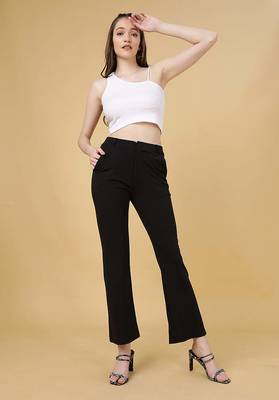 Women solid black regular fit mid-rise flat front trousers 2