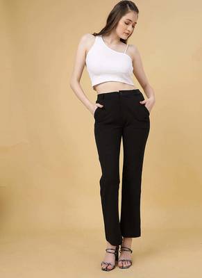 Women solid black regular fit mid-rise flat front trousers 4
