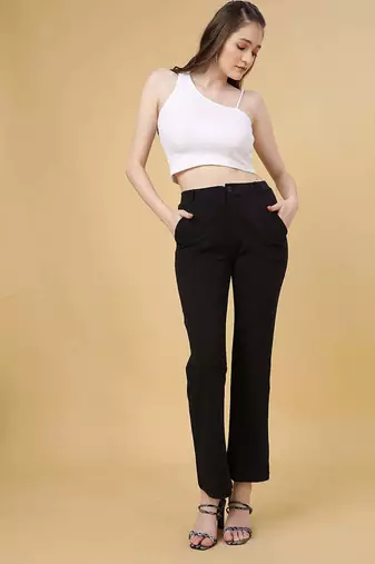 Women solid black regular fit mid-rise flat front trousers