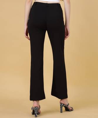 Women solid black regular fit mid-rise flat front trousers 5