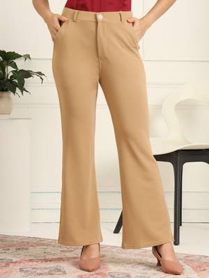 Women solid beige regular fit mid-rise flat front trousers 1