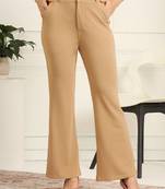 Women solid beige regular fit mid-rise flat front trousers
