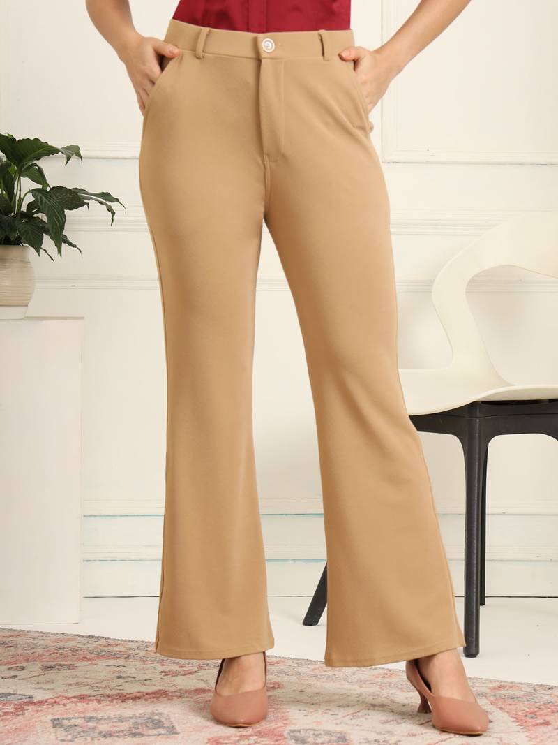 Women solid beige regular fit mid-rise flat front trousers