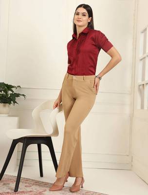 Women solid beige regular fit mid-rise flat front trousers 3