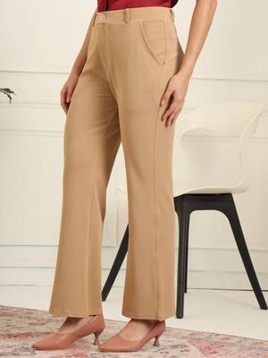 Women solid beige regular fit mid-rise flat front trousers 4
